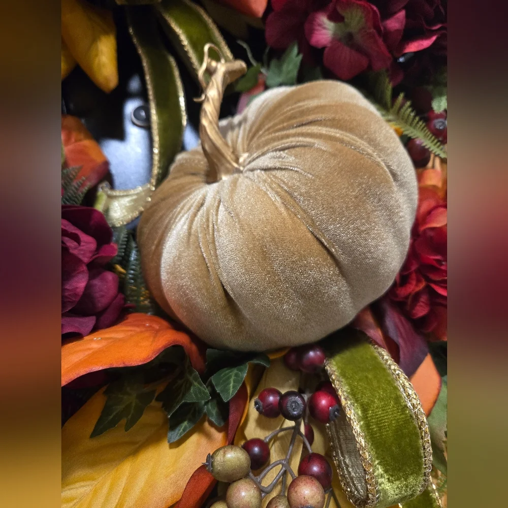 Gorgeous Hand Crafted Autumn Harvest Wreath with Burgundy and Gold Accents
